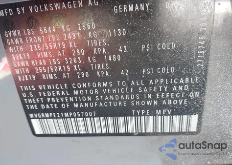 2021 Volkswagen Id.4 Pro из США, поврежденный, VIN WVGRMPE21MP057007